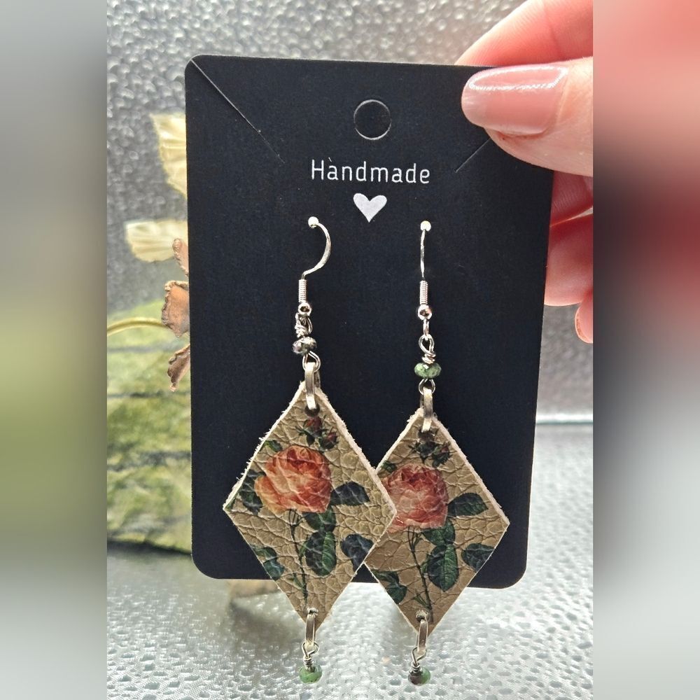 "5/$40" Handmade Genuine Tan Leather Peach Rose Dangle Earrings 925 Ear Wires